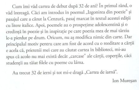 "Cartea de iarnă", coperta 4, cu vorbele lui Ion Mureşan despre volumul reeditat